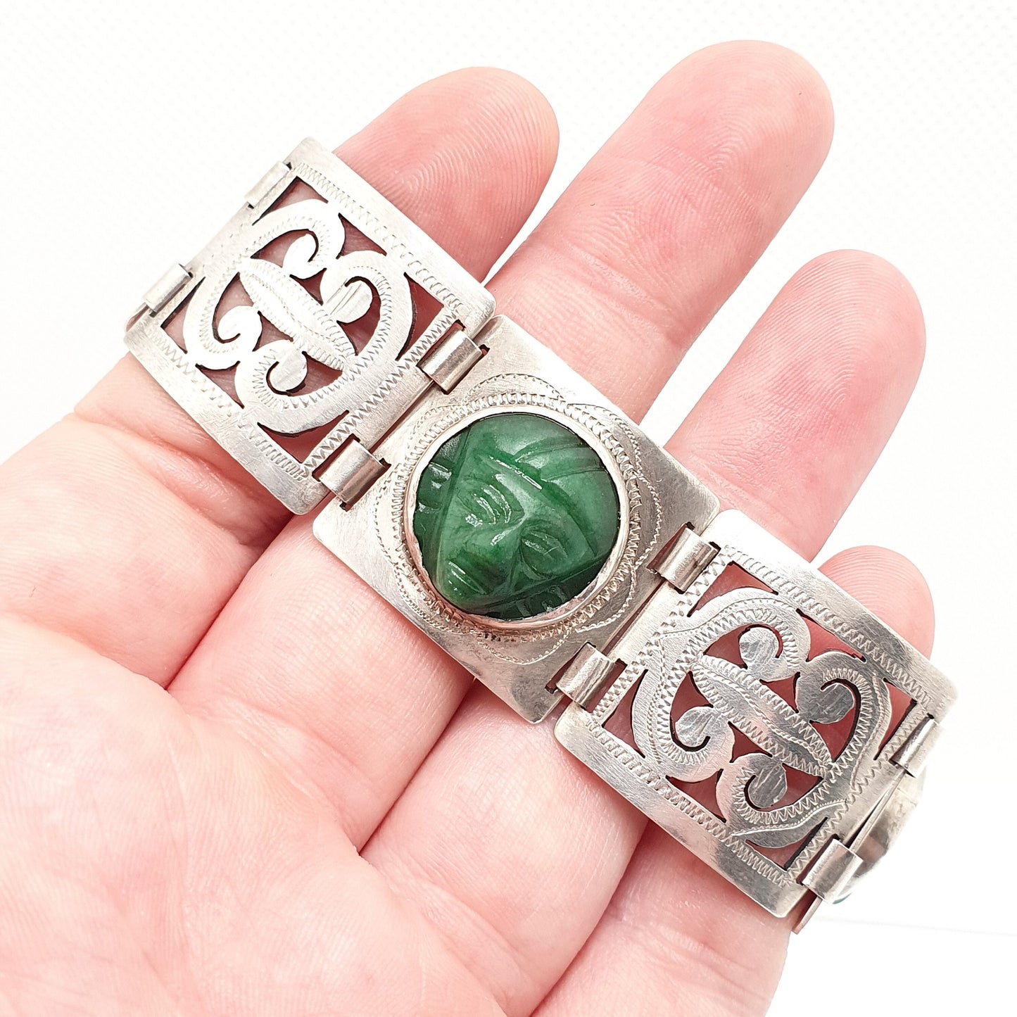 Old Vintage Solid Silver Egyptian Bracelet Pharaoh Cameo Green Fluorite Handmade Art Deco Style Large Womens Mens Antique Jewelry Jewellery