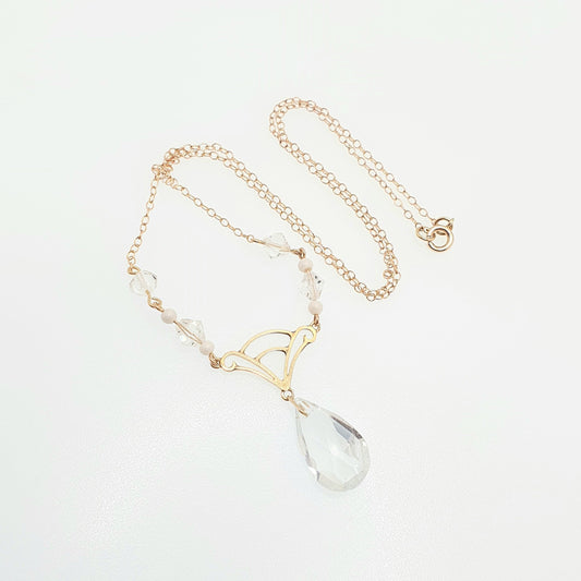 Antique 9ct Gold Art Deco Necklace Y Pendant Rock Crystal Paste Cut Glass Solid 9k 375 V Pear Cut 1920s Womens Vintage Jewelry Jewellery