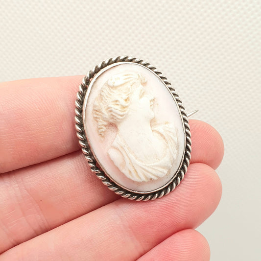 Antique Victorian Cameo Solid Silver Brooch Pink Conch Shell High Relief Large Big Vintage Rope Handmade 1800s Womens Jewelry Jewellery