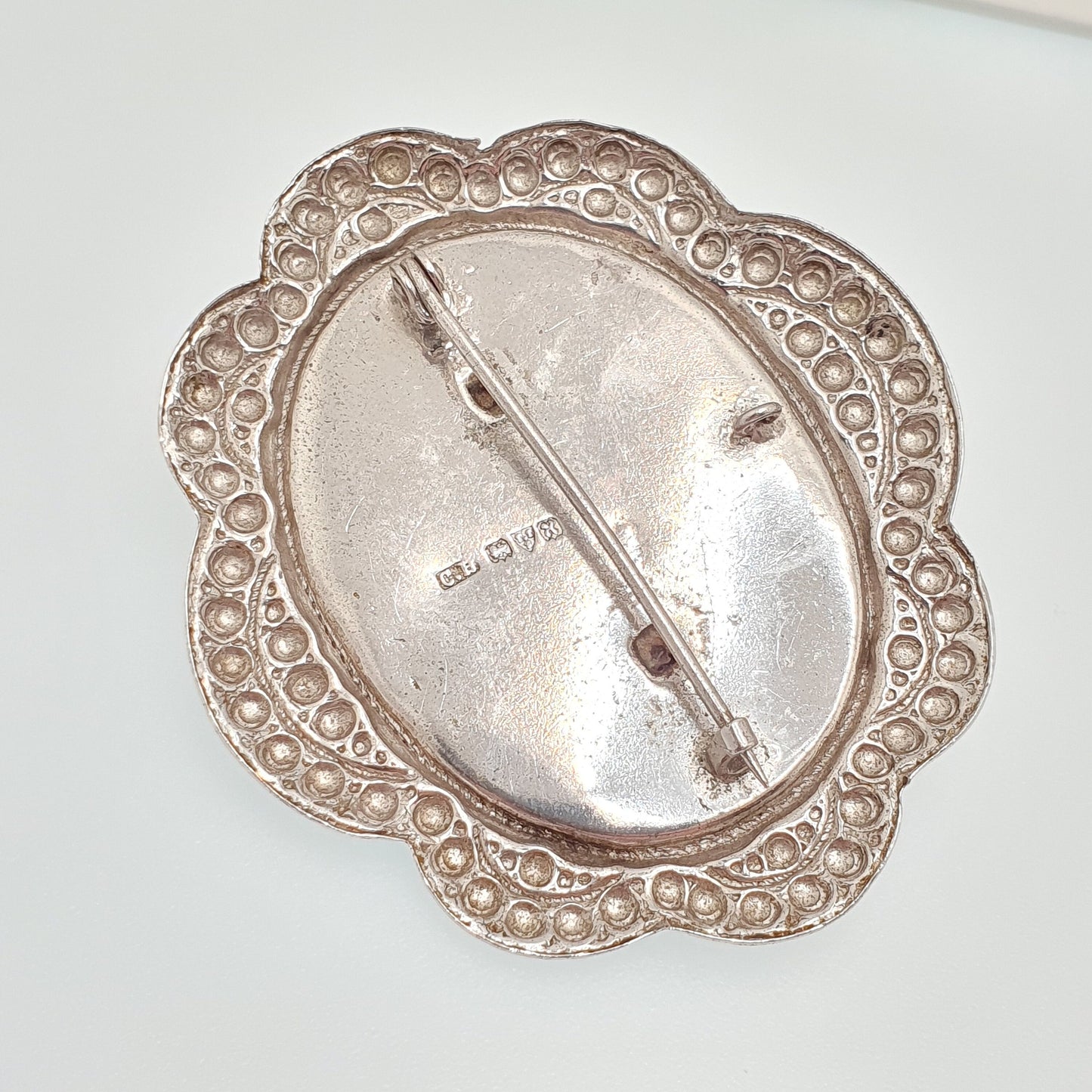 Vintage CHARLES HORNER Sterling Silver Cameo Brooch Pin Large Genuine Faux Shell Pastry Cutter Male 1948 Hallmark C.H Jewelry Jewellery