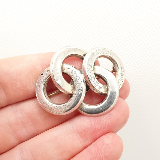 Antique Victorian Infinity Solid Silver Brooch Pin Olympic Rings Style Interlocked Circles Engraved Large Vintage Womens Jewelry Jewellery