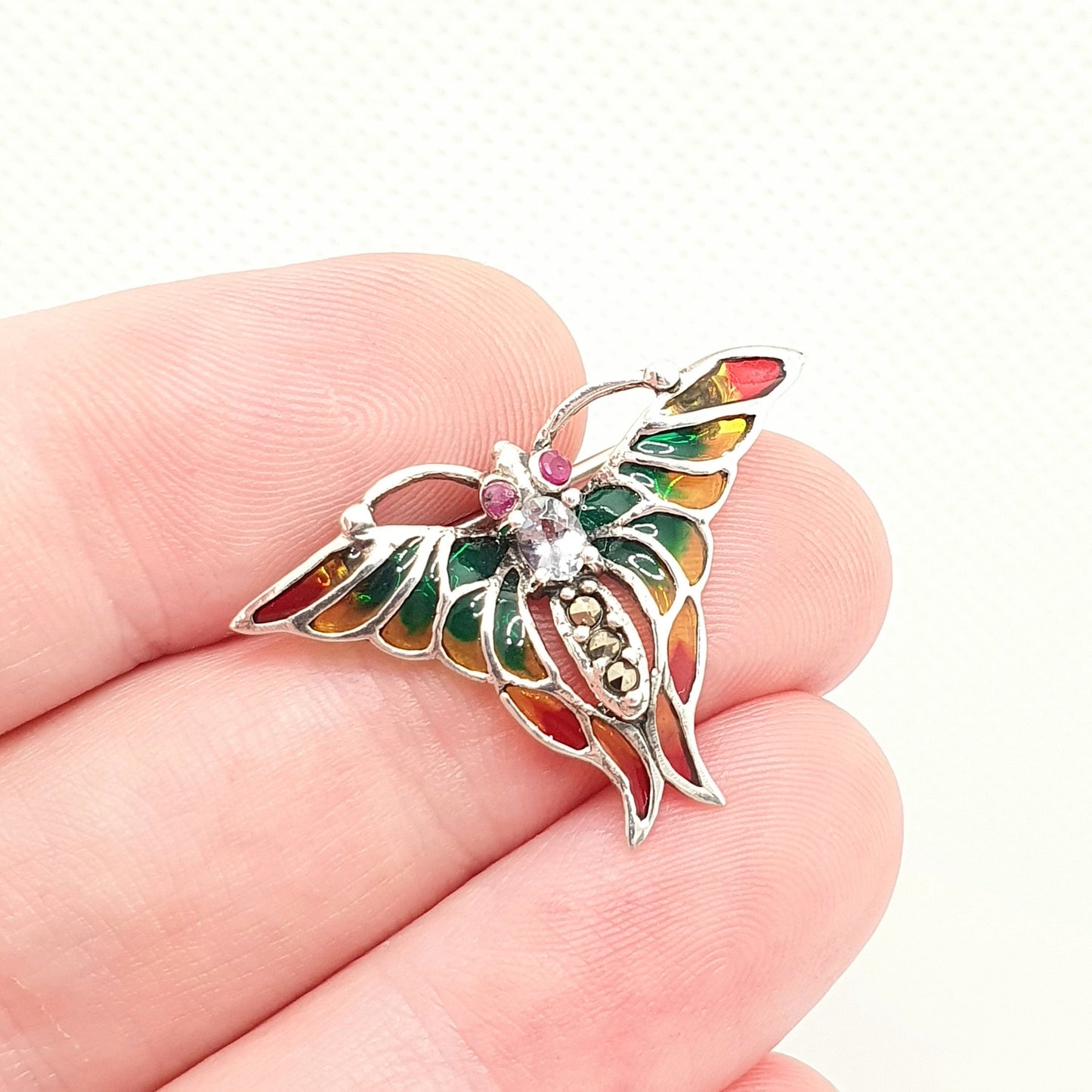 Vintage Butterfly Plique-a-Jour Brooch Sterling Silver Ruby Eyes Art Nouveau Revival Vintage Enamel Solid 925 Womens Jewelry Jewellery