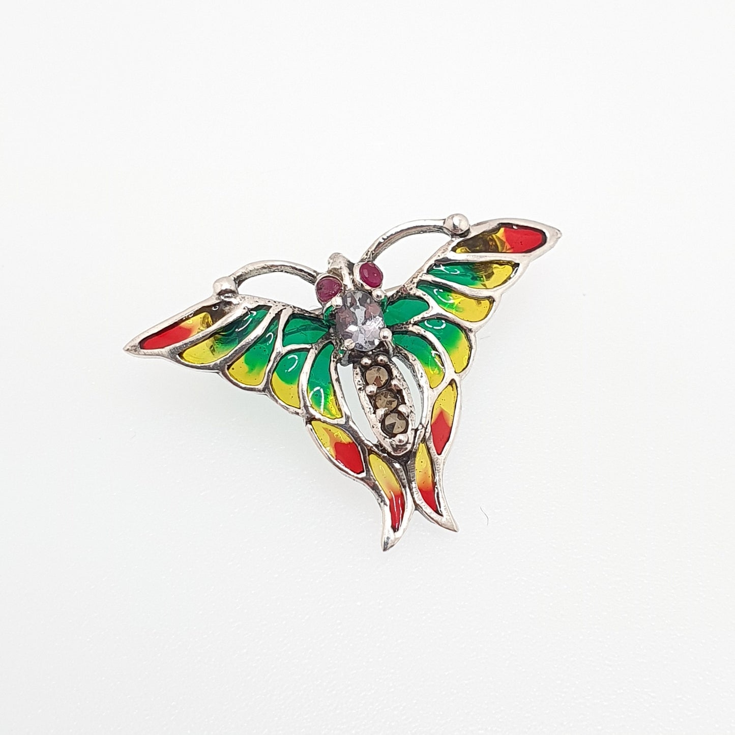 Vintage Butterfly Plique-a-Jour Brooch Sterling Silver Ruby Eyes Art Nouveau Revival Vintage Enamel Solid 925 Womens Jewelry Jewellery