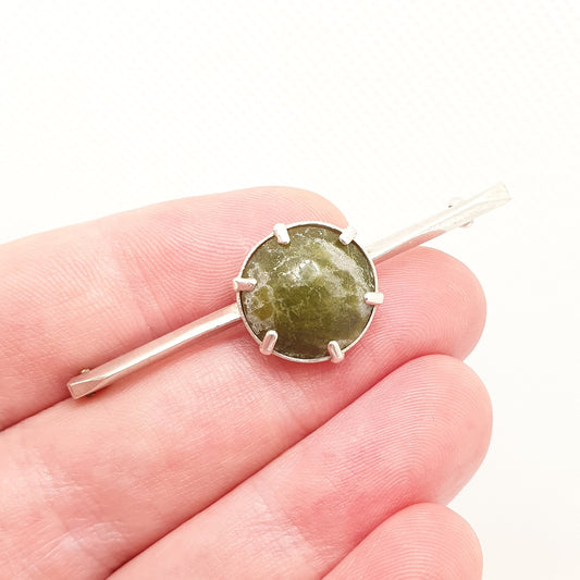 Antique Irish Connemara Bar Brooch Pin Solid Silver Bright Green Marble Stamped Celtic Gaelic Ladies Womens Jewelry Jewellery Vintage