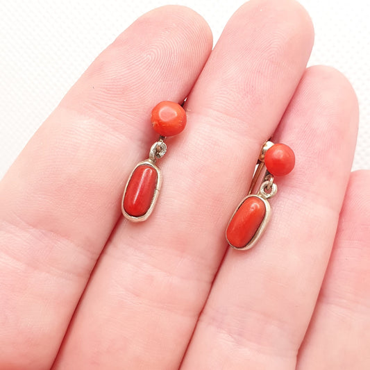 Antique Coral Solid Silver Earrings Hook Dangle Edwardian Dangling 1800s Genuine Italian Italy Vintage Womens Jewelry Jewellery