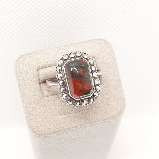 Antique Sterling Silver Moss Agate Ring Art Deco Marcasite Cluster 1920s Gemstone Cocktail Statement Quartz Halo Womens Jewellery Jewelry