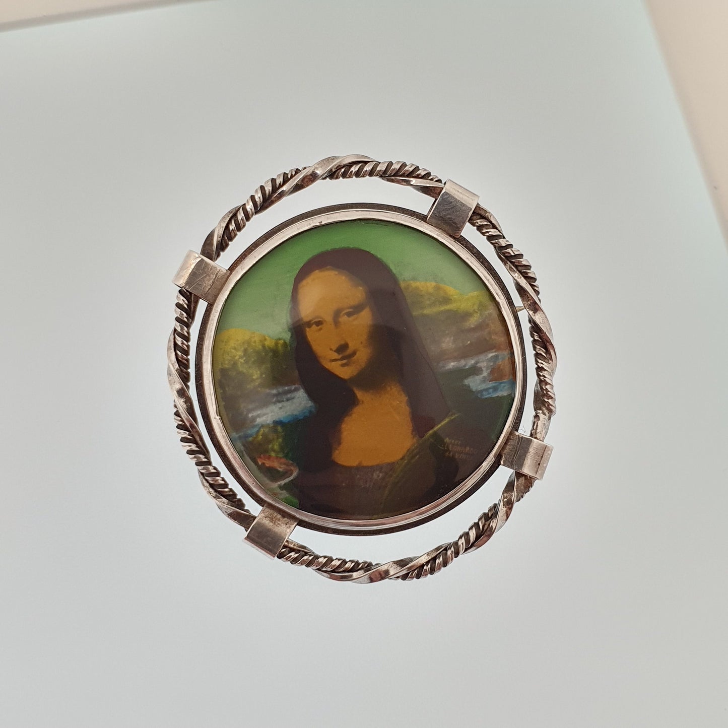 Antique Sterling Silver MONA LISA Brooch Art Deco Portrait TLM Painted Leonardo Da Vinci Vintage Thomas Mott Womens Ladies Jewellery Jewelry