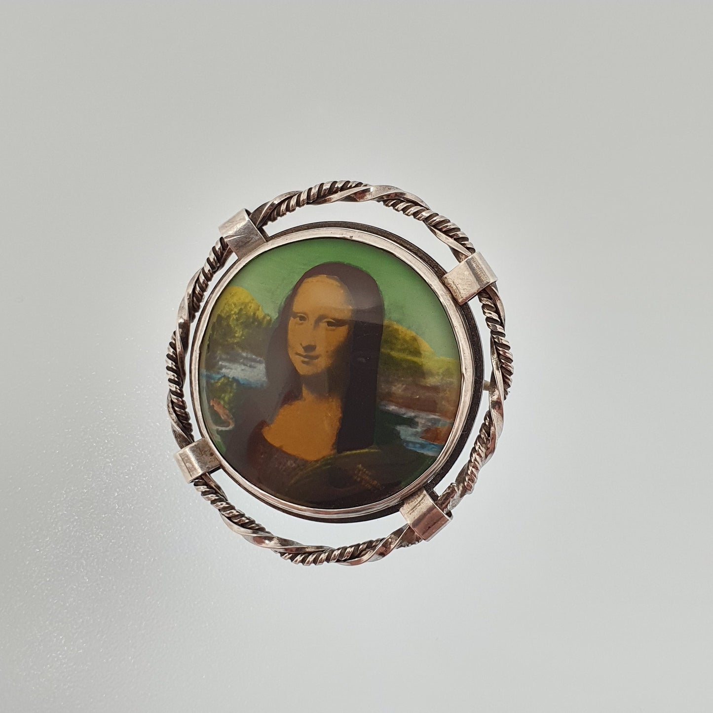 Antique Sterling Silver MONA LISA Brooch Art Deco Portrait TLM Painted Leonardo Da Vinci Vintage Thomas Mott Womens Ladies Jewellery Jewelry