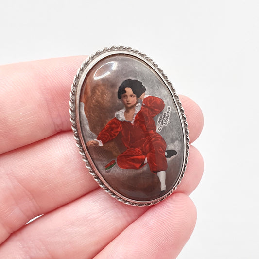 Antique Sterling Silver Portrait The Red Boy Brooch After Sir Thomas Lawrence Mott TLM Art Deco Painted Vintage Womens Jewelry Jewellery