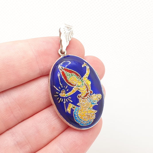 Vintage Sterling Silver Blue Enamel Locket Large Big Siam Cloisone Engraved Pendant Oval 1970s Photo Picture Solid 925 Jewelry Jewellery