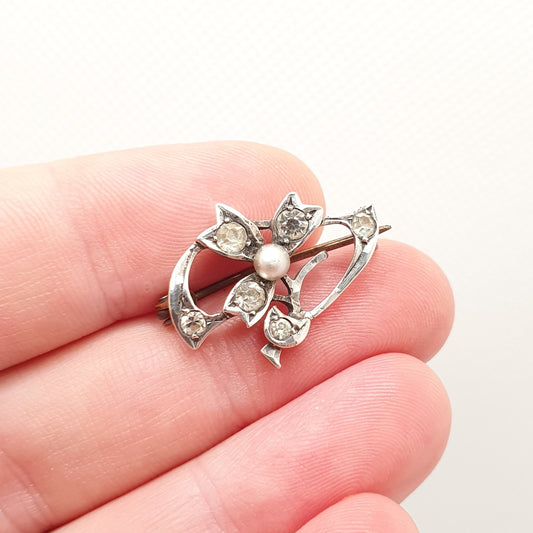 Antique Diamond Paste Flower Solid Silver Brooch Pin Cultured Grey Pearl Tiny Cute Small Daisy Sparkly Womens Vintage Jewelry Jewellery