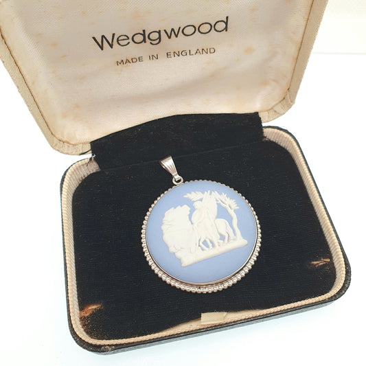 Vintage Sterling Silver Wedgwood Necklace Pendant Very Large 1960s Original Box Boxed Sky Blue Jasperware Cameo Big Womens Jewelry Jewellery