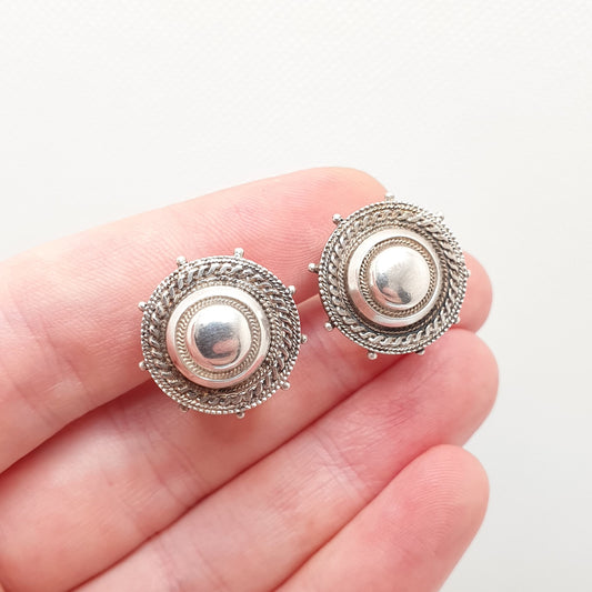 Antique Victorian Solid Silver Earrings Etruscan Dome Screw Back Genuine 1800s Large Big Beaded Womens Vintage Ladies Jewelry Jewellery