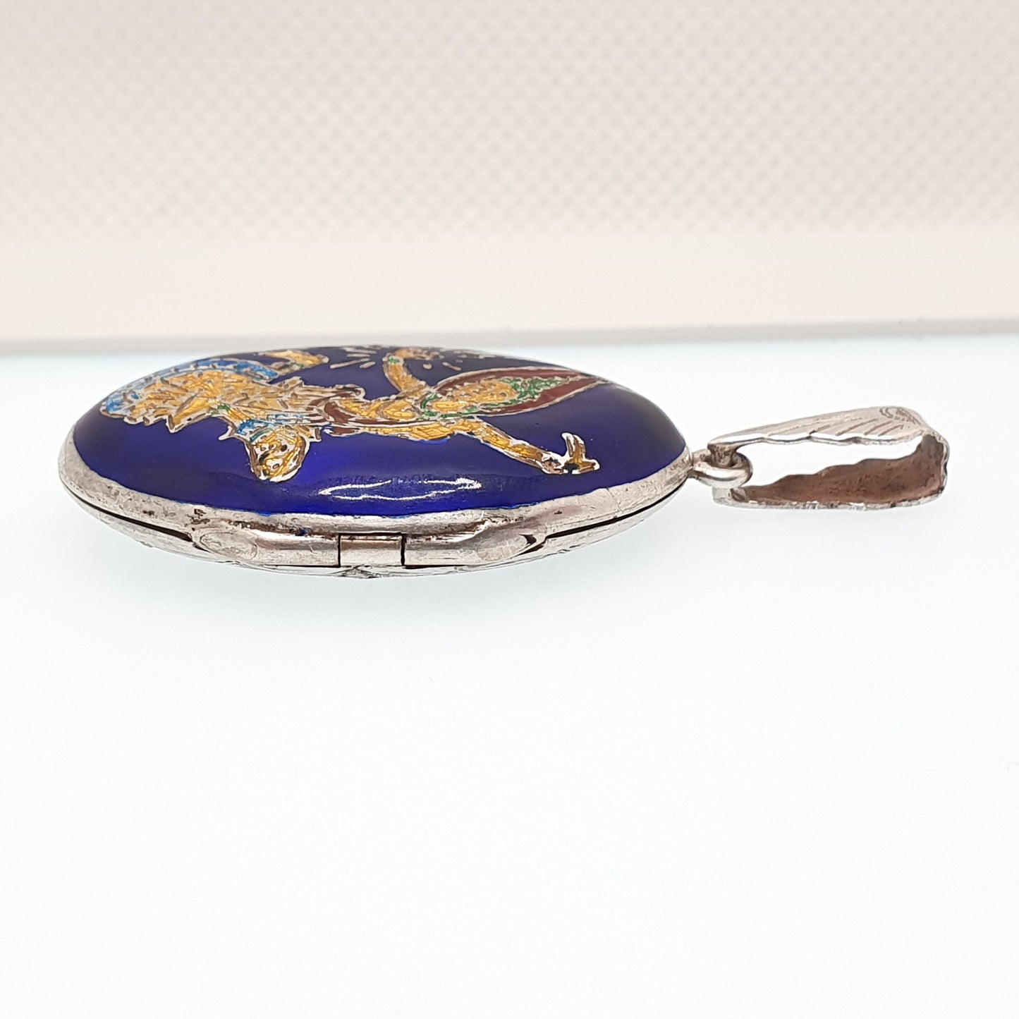 Vintage Sterling Silver Blue Enamel Locket Large Big Siam Cloisone Engraved Pendant Oval 1970s Photo Picture Solid 925 Jewelry Jewellery