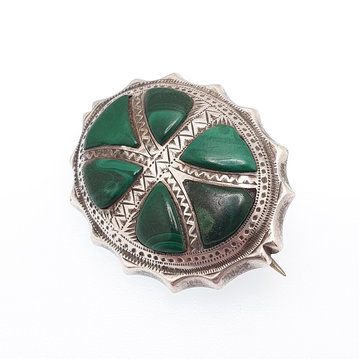 Antique Victorian Malachite Solid Silver Brooch Scottish Star Green Gemstone Banded Large Old Vintage Ladies Womens Jewelry Jewellery