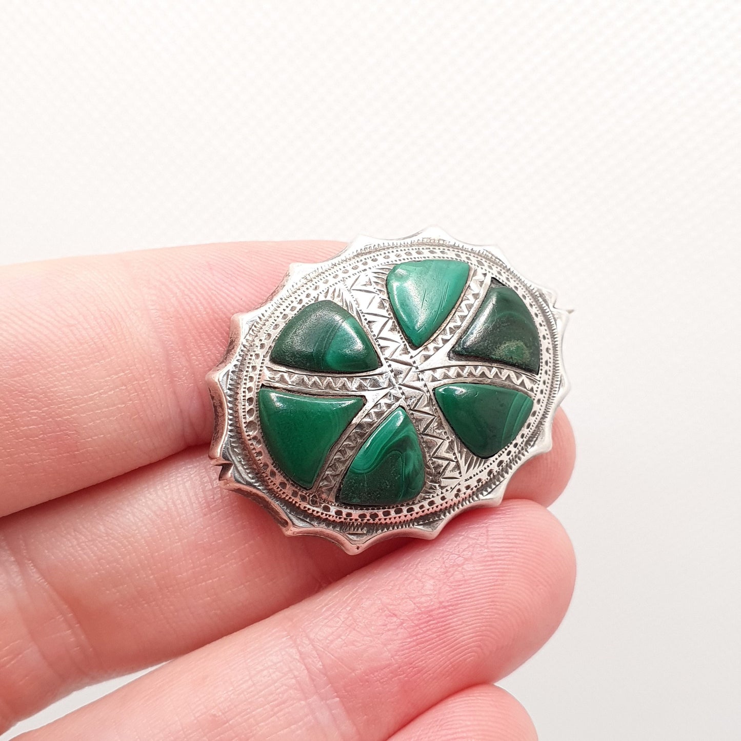 Antique Victorian Malachite Solid Silver Brooch Scottish Star Green Gemstone Banded Large Old Vintage Ladies Womens Jewelry Jewellery