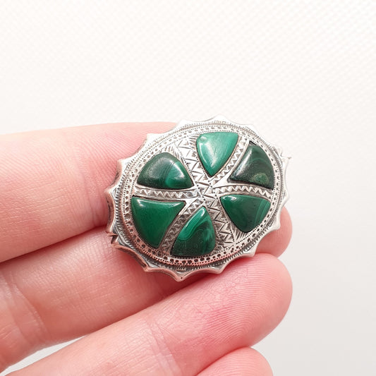 Antique Victorian Malachite Solid Silver Brooch Scottish Star Green Gemstone Banded Large Old Vintage Ladies Womens Jewelry Jewellery