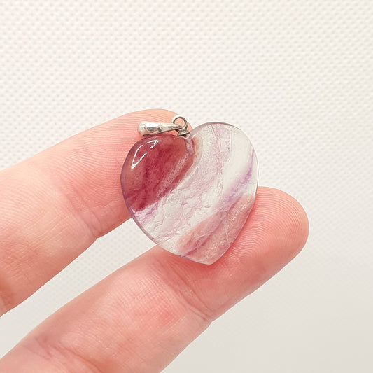 Vintage Sterling Silver Fluorite Heart Pendant Necklace Solid 925 Gemstone Purple Banded Striped Blue John Style Polished Genuine Womens