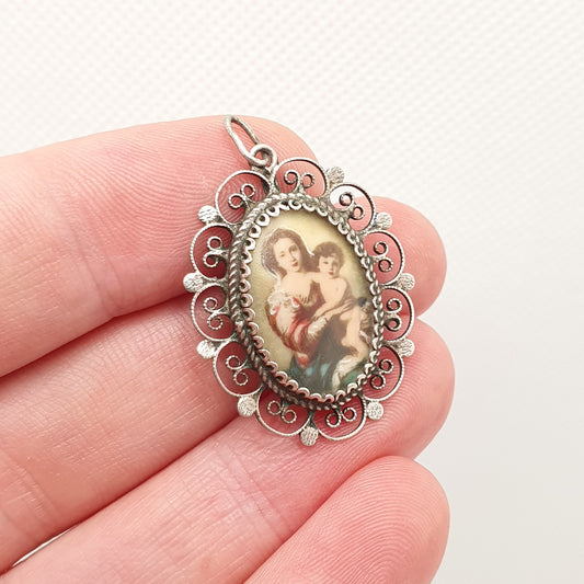 Antique Solid Silver Mother Mary Painted Locket Pendant Filigree Necklace Italian Virgin Catholic Christian 1910s Old Vintage Womens