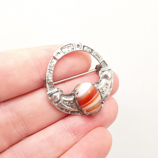Old Vintage ROBERT ALLISON Sterling Silver Agate Brooch 1957 Hallmark Scottish Celtic Gemstone Gaelic Solid 925 Jewelry Jewellery