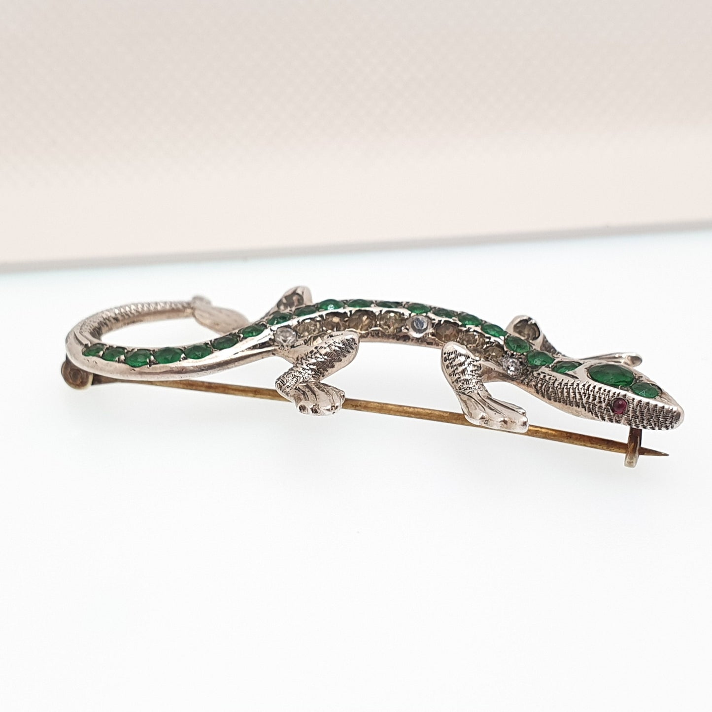 Antique Lizard Solid Silver Brooch Emerald & Diamond Paste Pastes Reptile Animal Gecko Vintage Womens Retro Jewelry Jewellery