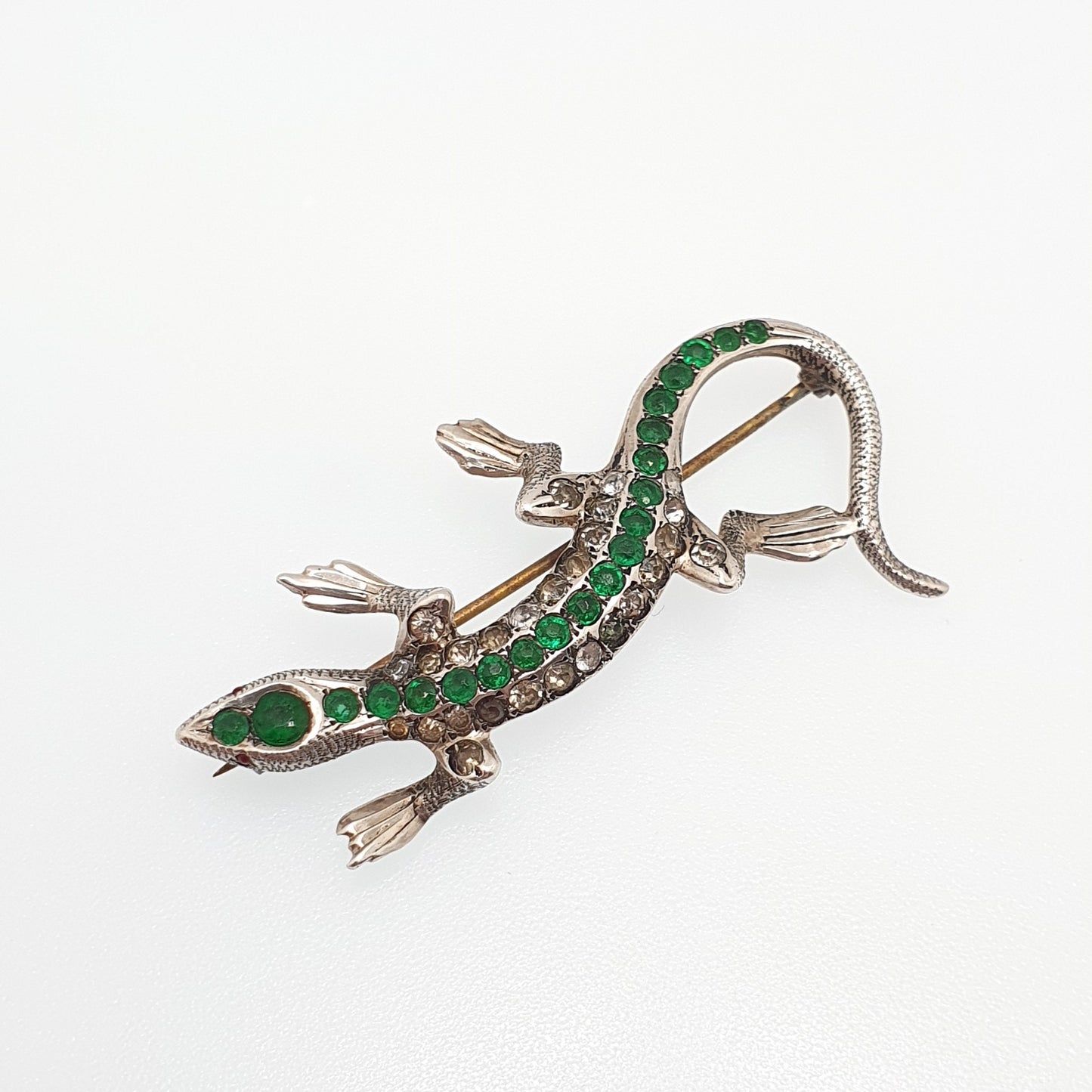 Antique Lizard Solid Silver Brooch Emerald & Diamond Paste Pastes Reptile Animal Gecko Vintage Womens Retro Jewelry Jewellery