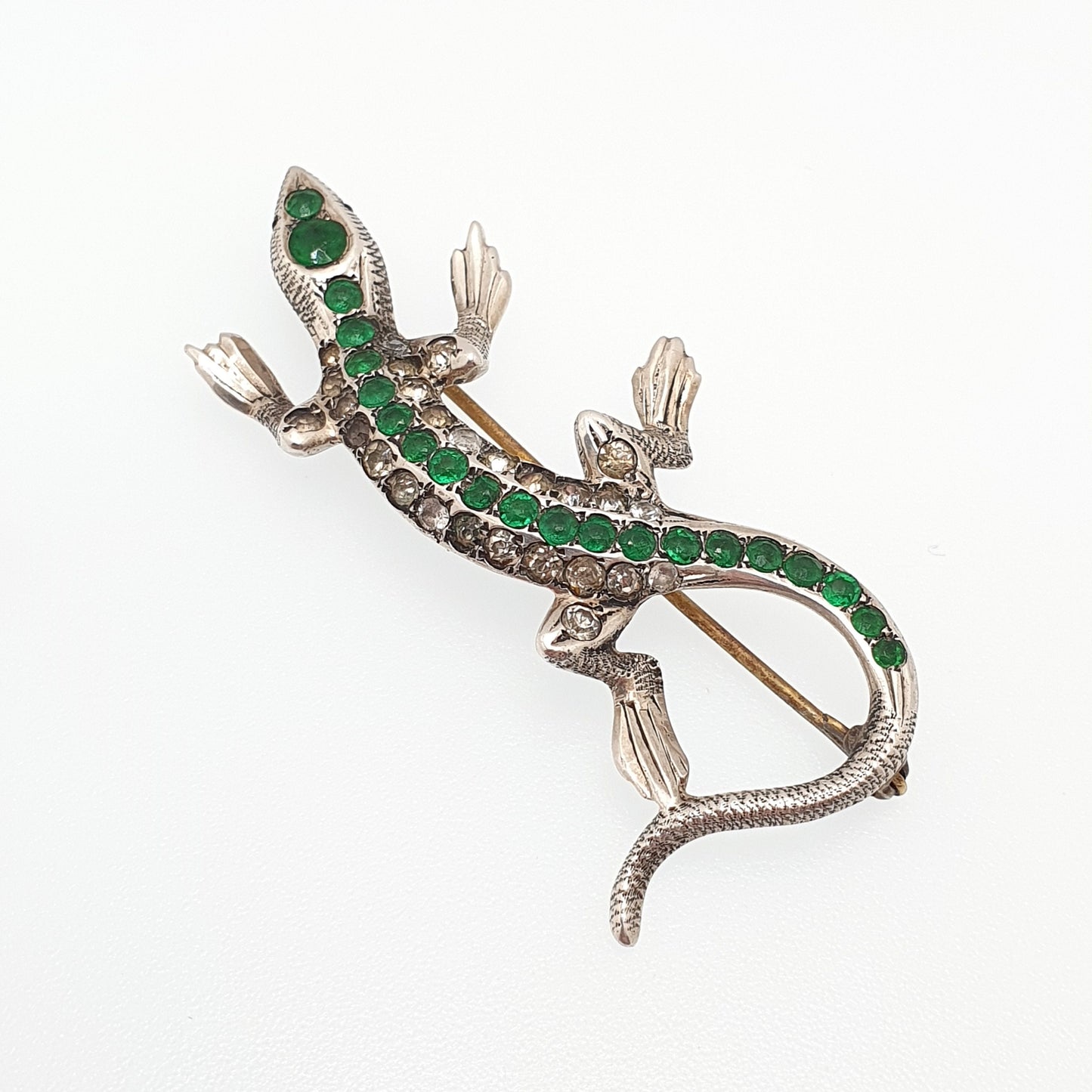 Antique Lizard Solid Silver Brooch Emerald & Diamond Paste Pastes Reptile Animal Gecko Vintage Womens Retro Jewelry Jewellery