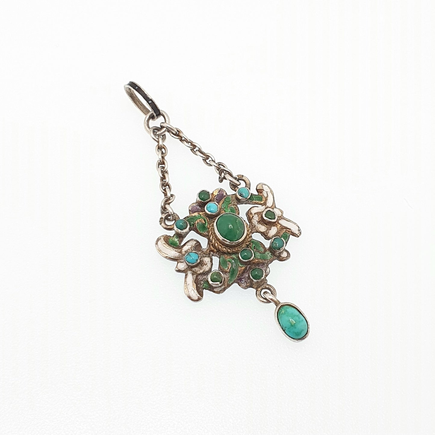 Antique Austro Hungarian Solid Silver Turquoise Pendant Victorian Enamel Necklace Gold Gilt Hallmarked Orante Womens Jewelry Jewellery