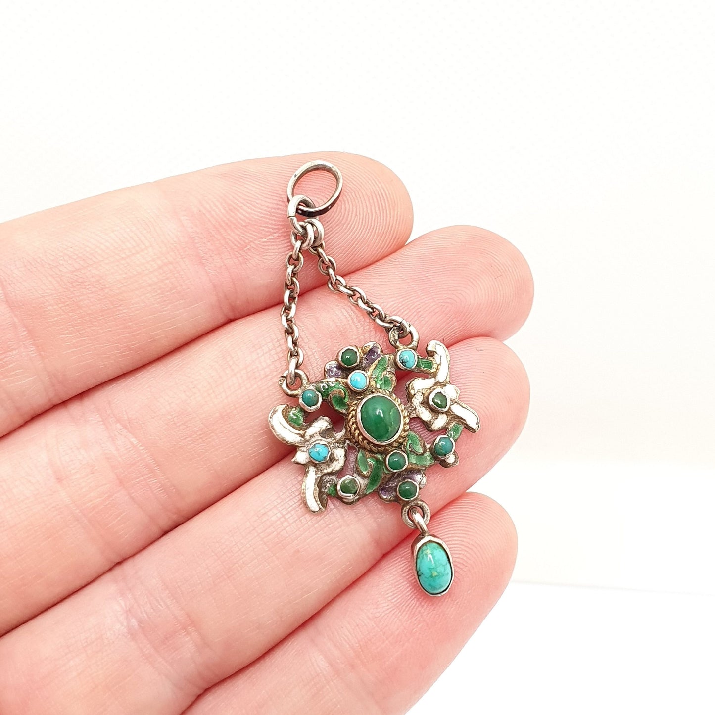 Antique Austro Hungarian Solid Silver Turquoise Pendant Victorian Enamel Necklace Gold Gilt Hallmarked Orante Womens Jewelry Jewellery