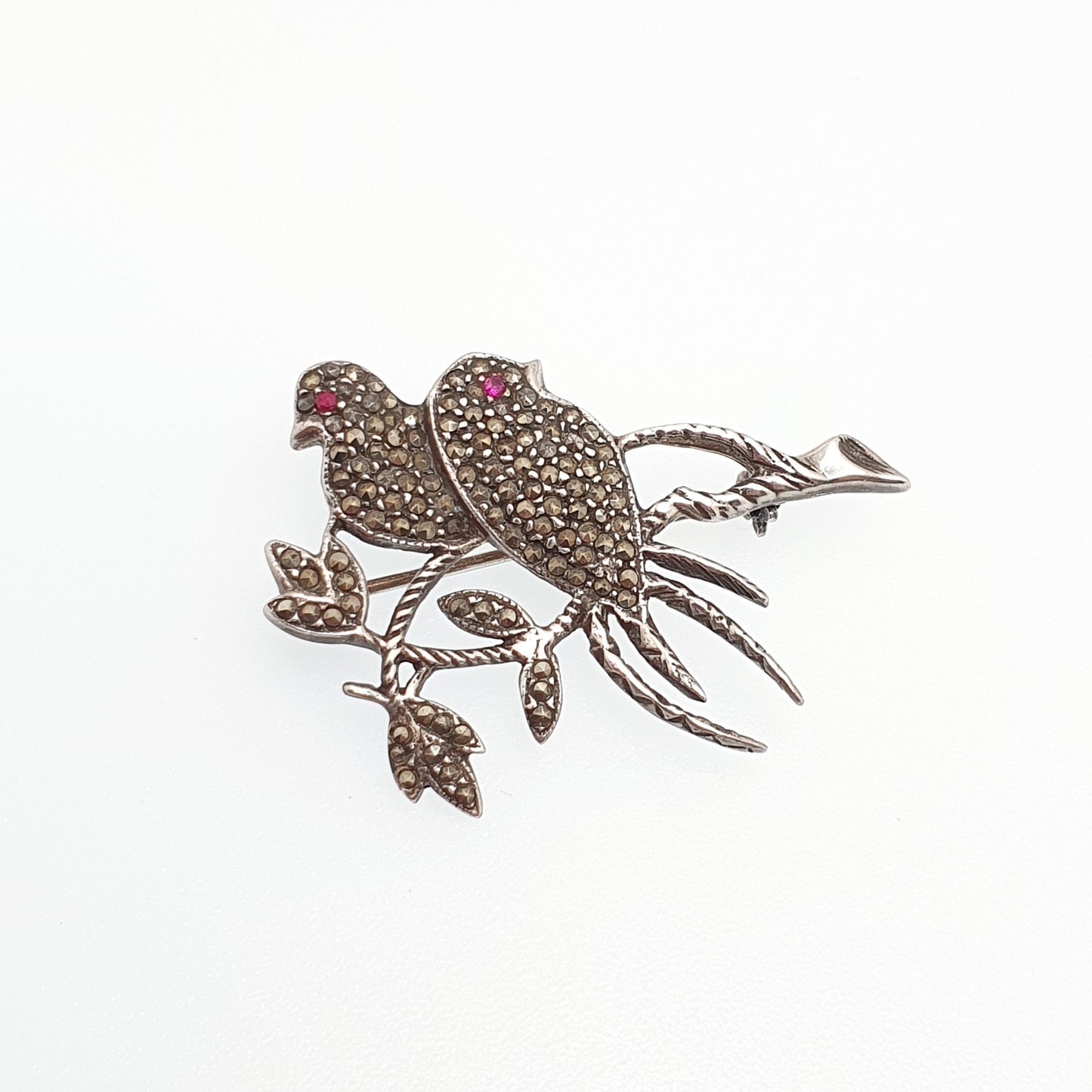 Antique Sterling Silver Songbirds Bird Brooch Pin Art Deco Ruby Paste Pair of Birds Sweet Cute Vintage Animal Womens Jewelry Jewellery