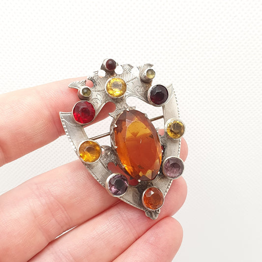 Antique Scottish Shield Brooch Sterling Silver Victorian Very Large Citrine Amethyst Garnet Paste Cairngorm 1800s Jewelry Jewellery Vintage