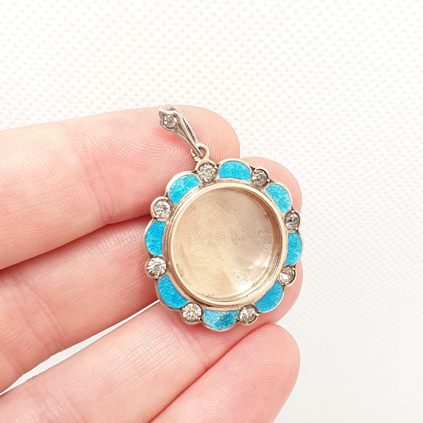 Antique Sterling Silver Diamond Paste Locket Blue Enamel Pendant 1903 Chester Hallmark Edwardian Necklace Picture Photo Vintage Jewelry