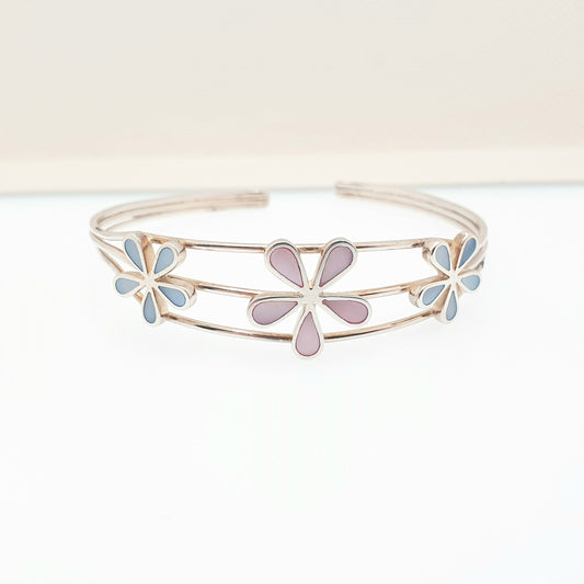 Retro Sterling Silver Cuff Bangle Mother of Pearl Flower Solid 925 Bracelet Vintage Hallmarked Ladies Womens Jewelry Jewellery