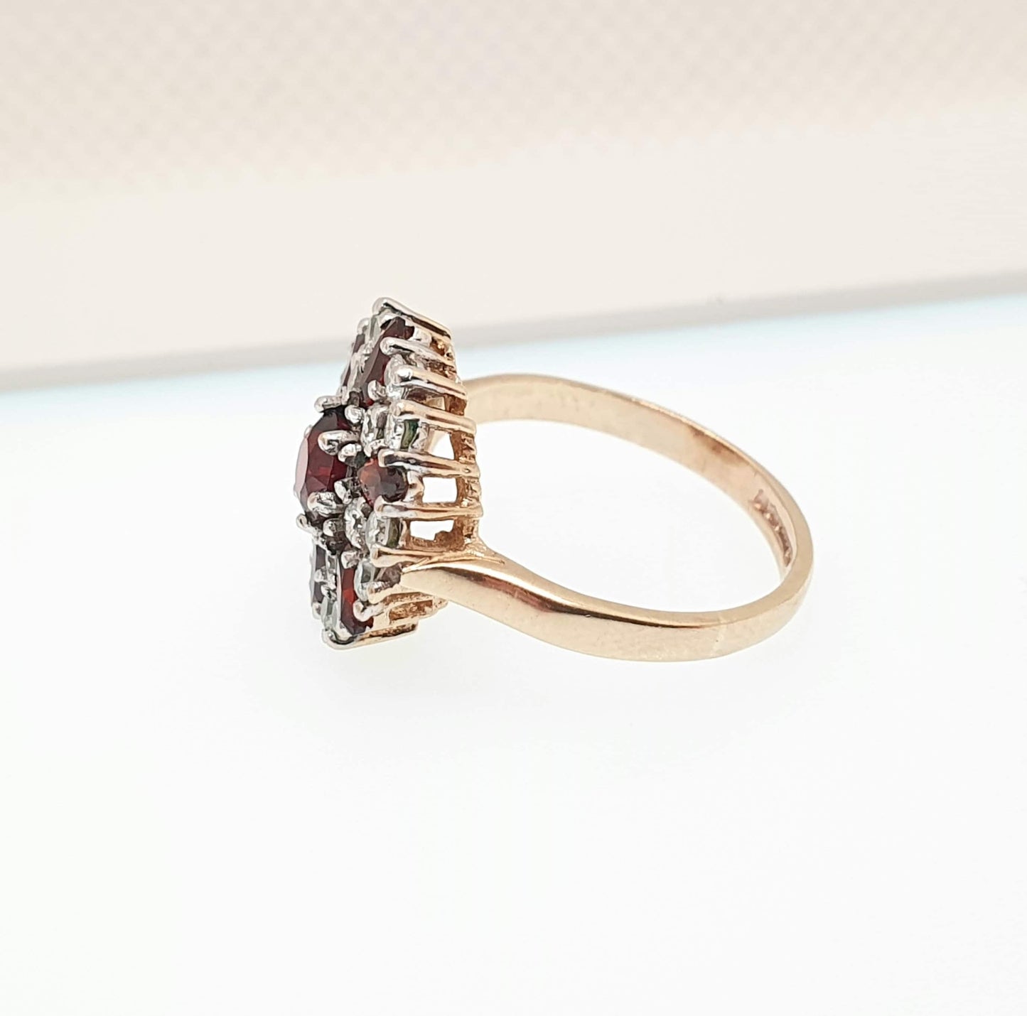 Vintage Solid 9ct Gold Garnet Cluster Ring 375 9k CZ Hallmarked Crimson Halo Red Pyrope Genuine Gemstone Womens Retro Jewelry Jewellery