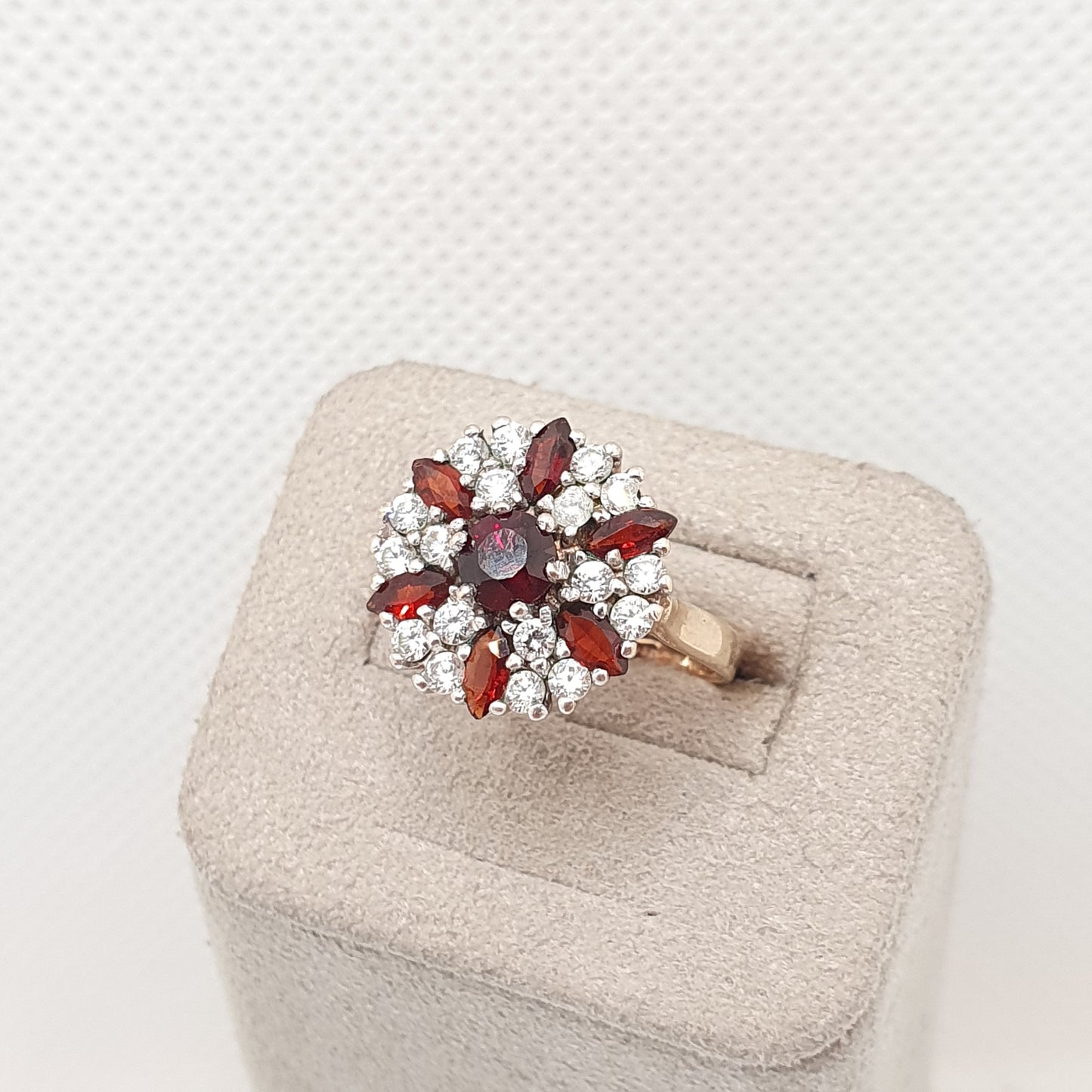 Vintage Solid 9ct Gold Garnet Cluster Ring 375 9k CZ Hallmarked Crimson Halo Red Pyrope Genuine Gemstone Womens Retro Jewelry Jewellery