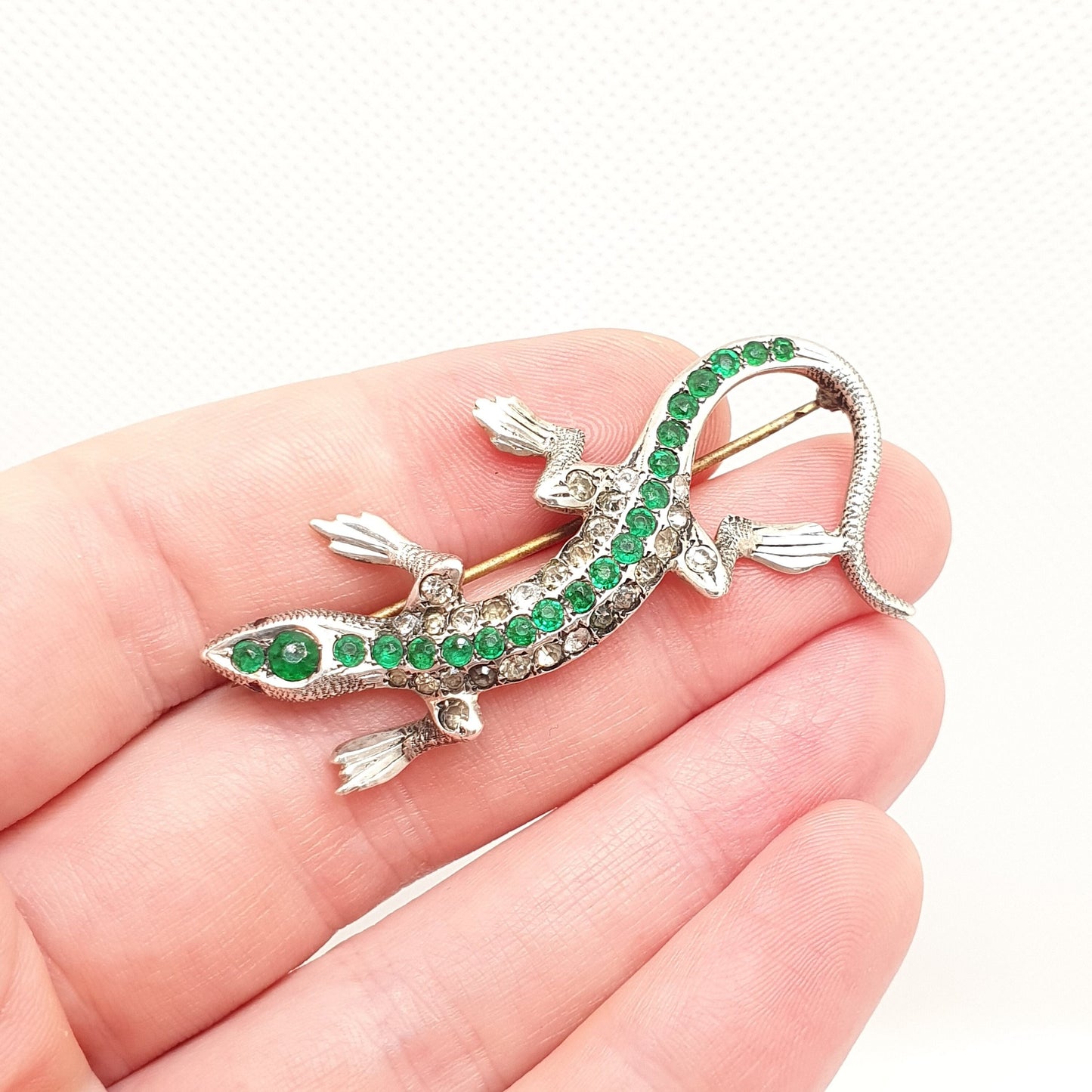 Antique Lizard Solid Silver Brooch Emerald & Diamond Paste Pastes Reptile Animal Gecko Vintage Womens Retro Jewelry Jewellery