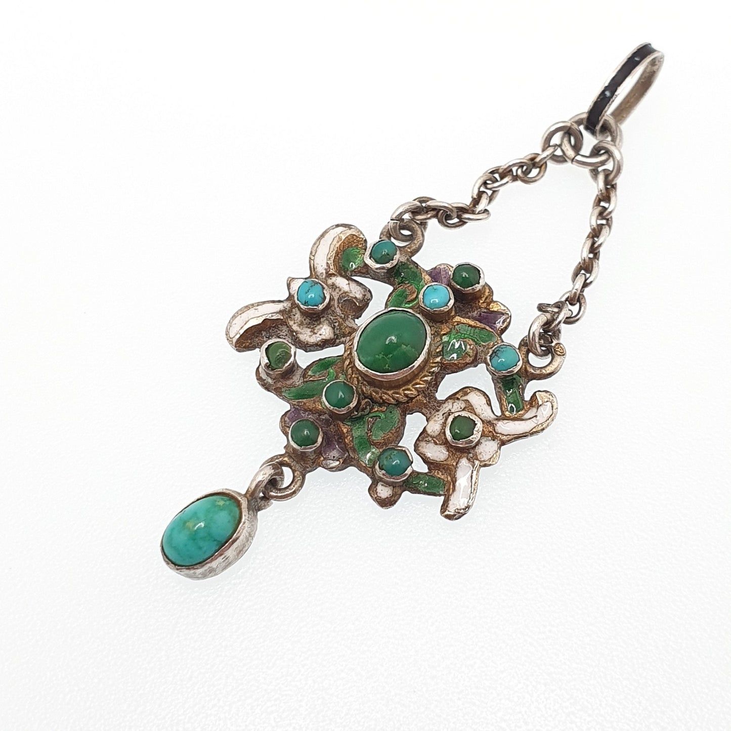 Antique Austro Hungarian Solid Silver Turquoise Pendant Victorian Enamel Necklace Gold Gilt Hallmarked Orante Womens Jewelry Jewellery