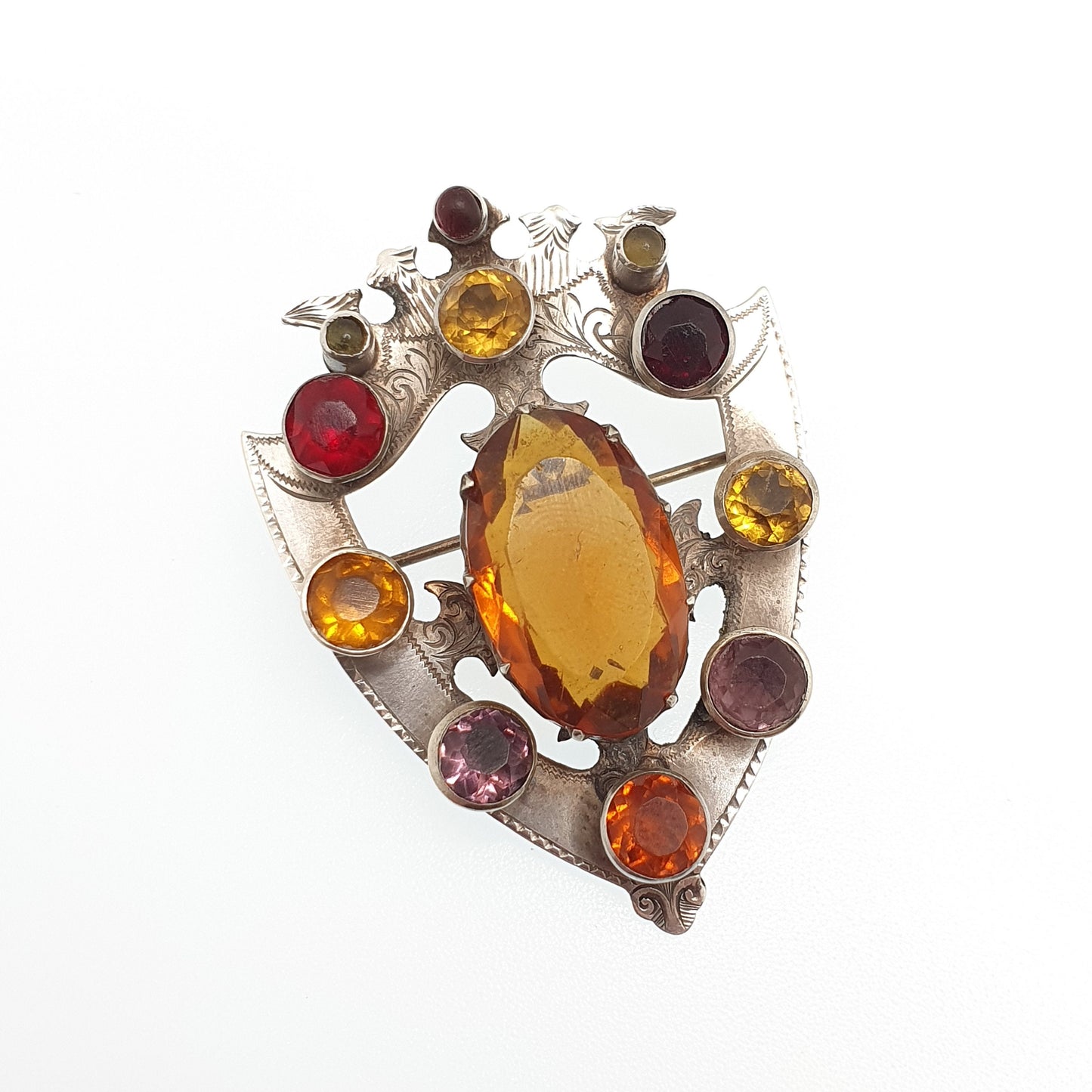 Antique Scottish Shield Brooch Sterling Silver Victorian Very Large Citrine Amethyst Garnet Paste Cairngorm 1800s Jewelry Jewellery Vintage