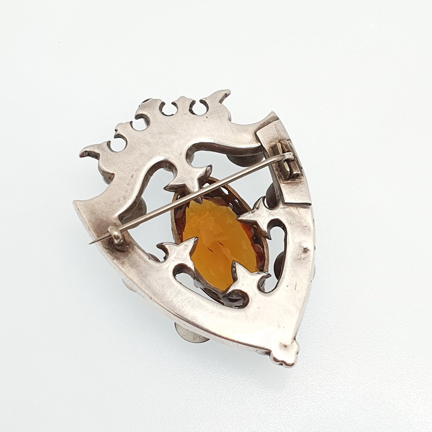 Antique Scottish Shield Brooch Sterling Silver Victorian Very Large Citrine Amethyst Garnet Paste Cairngorm 1800s Jewelry Jewellery Vintage