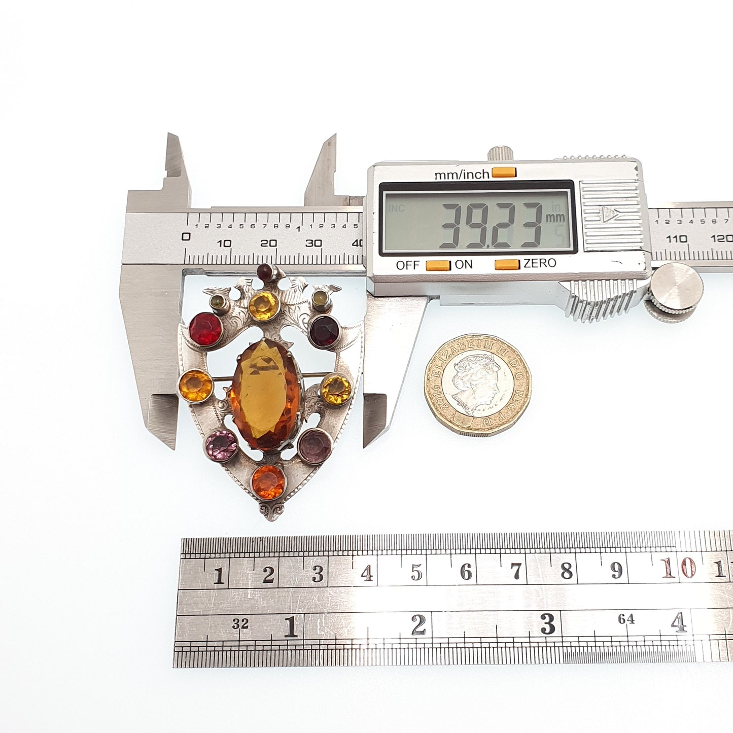 Antique Scottish Shield Brooch Sterling Silver Victorian Very Large Citrine Amethyst Garnet Paste Cairngorm 1800s Jewelry Jewellery Vintage