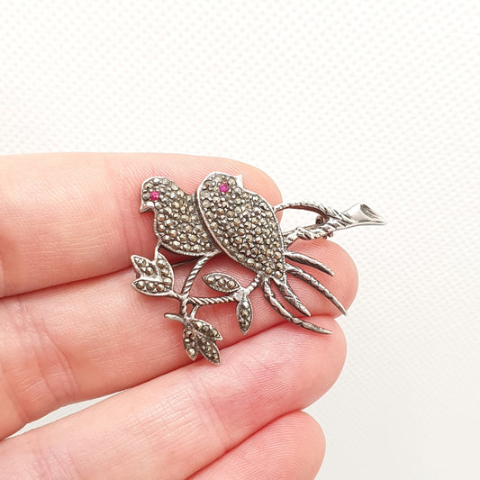 Antique Sterling Silver Songbirds Bird Brooch Pin Art Deco Ruby Paste Pair of Birds Sweet Cute Vintage Animal Womens Jewelry Jewellery