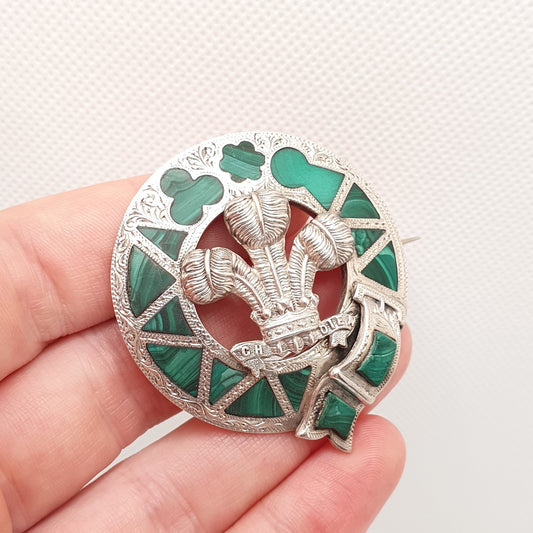 Antique Sterling Silver Malachite Brooch Prince of Wales Feathers Victorian Ich Dien Large Big Green Gemstone Old Vintage Jewelry Jewellery