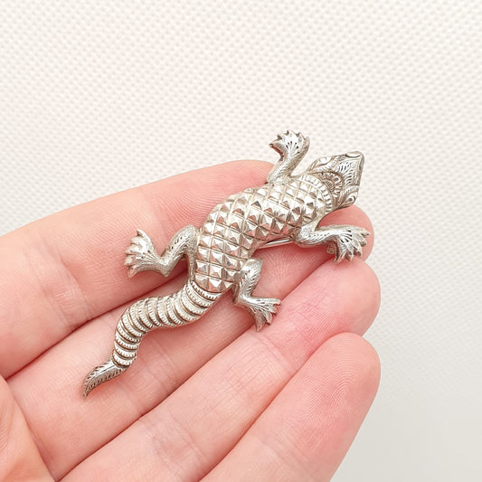 Antique Victorian Solid Silver Lizard Brooch Geometric Square Pattern Gecko Reptile Animal 1800s Vintage Womens Retro Jewelry Jewellery