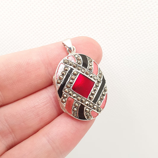 Vintage Sterling Silver Enamel Locket Marcasite Art Deco Style Necklace Pendant Oval Photo Picture Solid 925 Jewelry Womens Jewellery