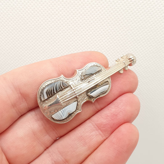 Antique Victorian Solid Silver Violin Brooch Blue Lace Agate Scottish Cello Music Musical Instrument Vintage Gemstone Womens Jewelry