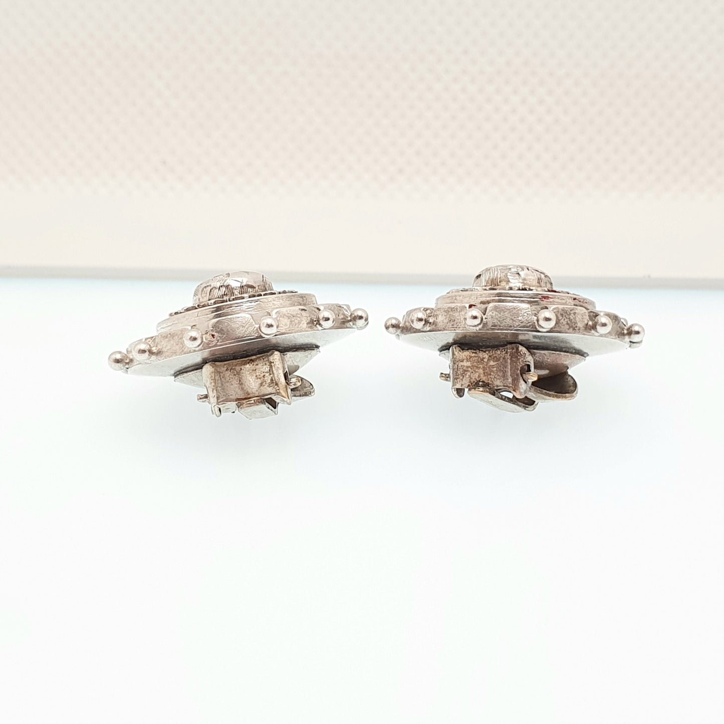 Antique Victorian Solid Silver Earrings Etruscan Dome Beaded Engraved Large Big Genuine 1800s Clip On Womens Vintage Jewelry Jewellery