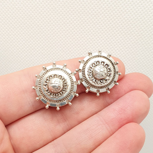 Antique Victorian Solid Silver Earrings Etruscan Dome Beaded Engraved Large Big Genuine 1800s Clip On Womens Vintage Jewelry Jewellery