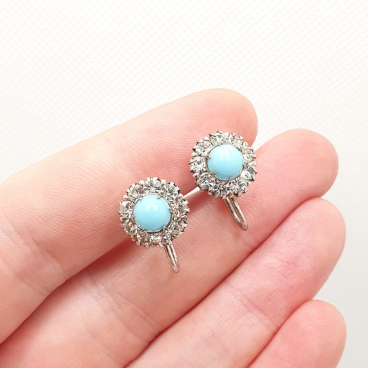 Antique Diamond Paste Sterling Silver Earrings Faux Turquoise Cluster Sparkly Foiled Glass Vintage 1920s Solid 925 Womens Jewelry Jewellery