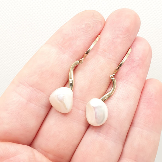 Retro 9ct 375 Gold Baroque Pearl Earrings Hook Hanging Genuine Real Pearls Pendulum Solid 9k Dangle Drop Vintage Womens Jewelry Jewellery