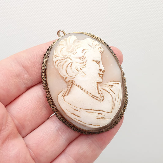 Antique Very Large Cameo Brooch Pendant Necklace Gold Gilt Big Real Shell Ornate Border Vintage European Italy Jewelry Womens Jewellery